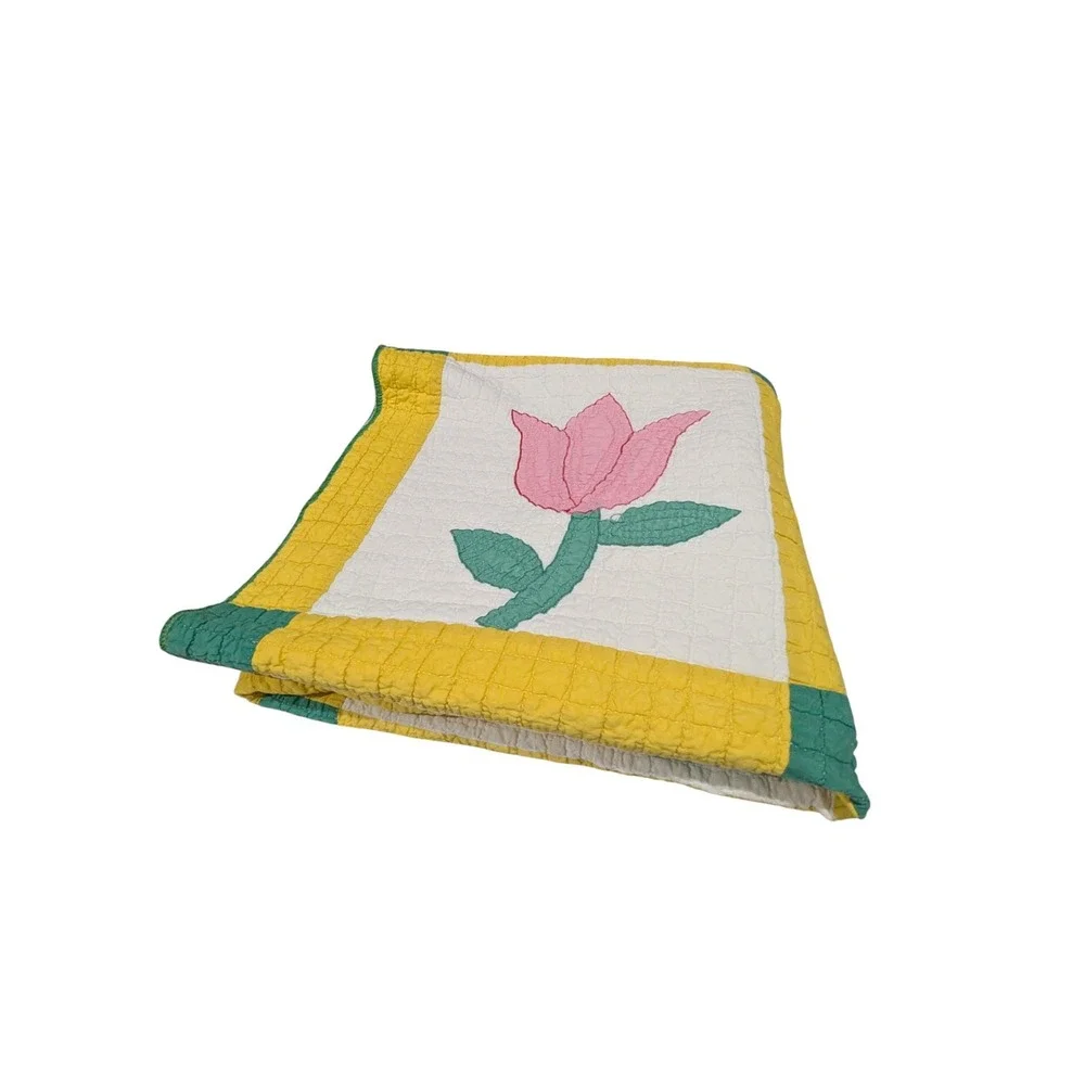 Vintage Tulip Applique Quilt Hand Quilted Cottage Farmhouse Bed Cover 82x60